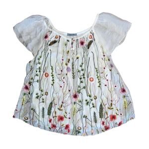 ISABEL TAVARES 100% Silk Floral Sheer Overlay Flutter Sleeve Blouse Womens Small